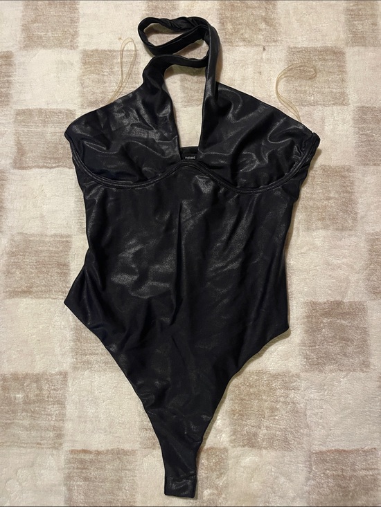 naked wardrobe Tops - naked wardrobe Black faux leather Halter Bodysuit